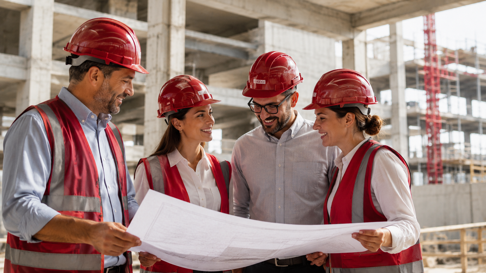 Ingenieros revisando planos en obra